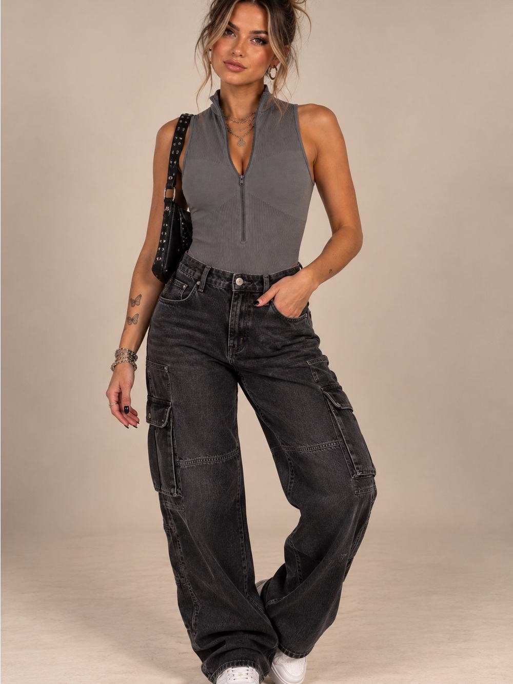 BDG Garage XS S Gray Ribbed Zip Front Bodysuit Sleeveless Mock Neck Y2K